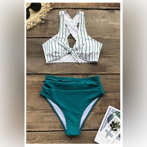 CUPSHE Teal solid and striped knotted front high waisted bikini, size large - Picture 3 of 4